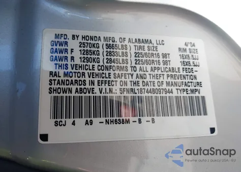 2004 Honda Odyssey Ex-L from USA, damaged, VIN 5FNRL18744B097944